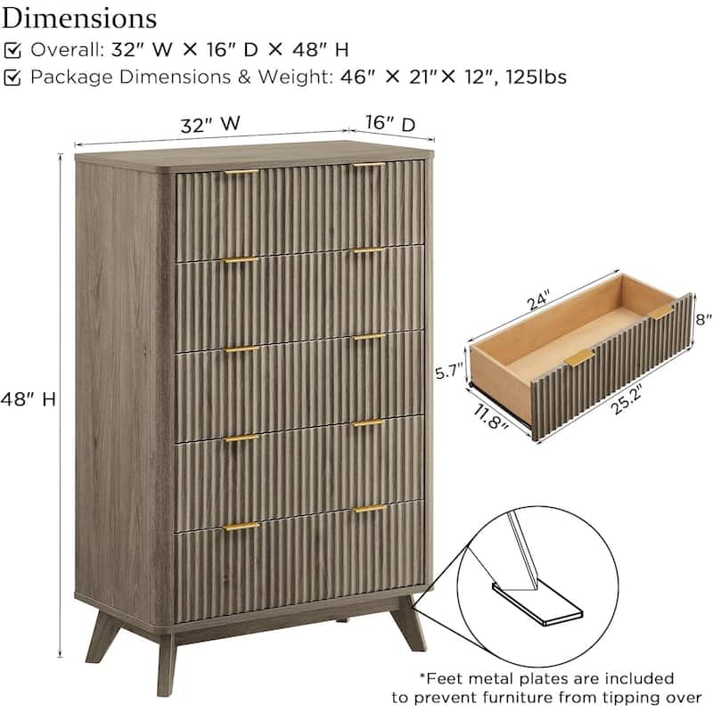 Modern Fluted 5 Drawers Dresser, Chest of Drawers, Dresser TV Stand