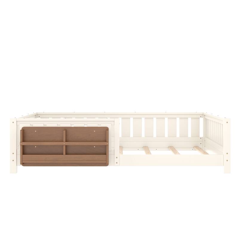 Montessori Floor Bed Low Profile Kids Bed with Rails & Bookshelf
