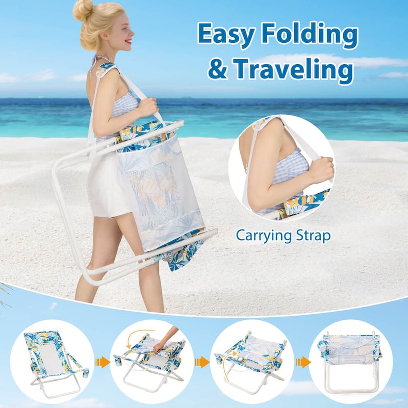 Costway Folding Low Beach Chair, Set of 2 with Padded Head Pillow,