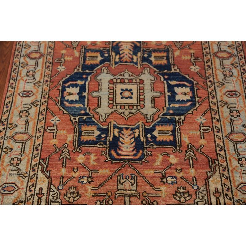 Orange Heriz Serapi Vegetable Dye Accent Rug Handmade Wool Carpet - 3'2"x 4'8"