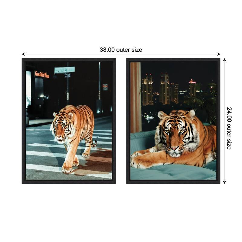 Kate and Laurel Sylvie Tiger in the City at Night Framed Canvas Art Set by Michael Schauer