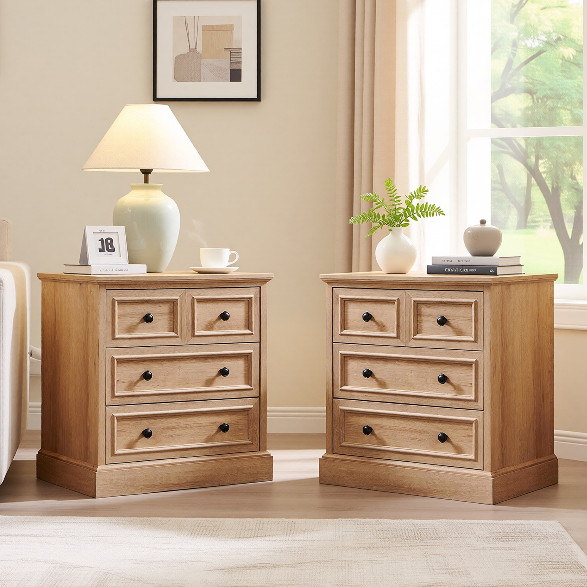 Nightstand Set of 2 with 4 Drawers, End Table with Charging Station
