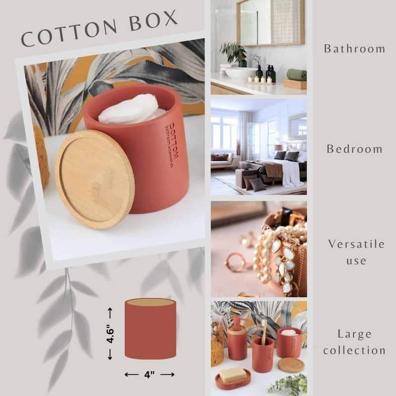 Sleek Cotton Pad Holder - Polyresin Bathroom Storage Container with Bamboo Lid - 4 L x 4 W x 4.6H