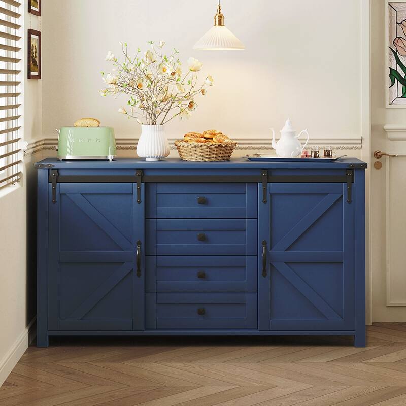 Sideboard with Storage,Farmhouse Storage Cabinet with Sliding Barn Doors and 4 Drawers - Blue