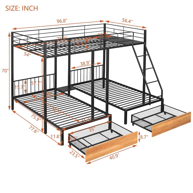 Full Over Twin & Twin Metal Triple Bunk Bed with Guardrails, Storage Drawers and Shelf, Convertible to 3 Beds