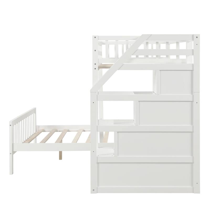 Twin Over Full Pine Loft Bed with Storage Staircase and Adjustable Lower Bed