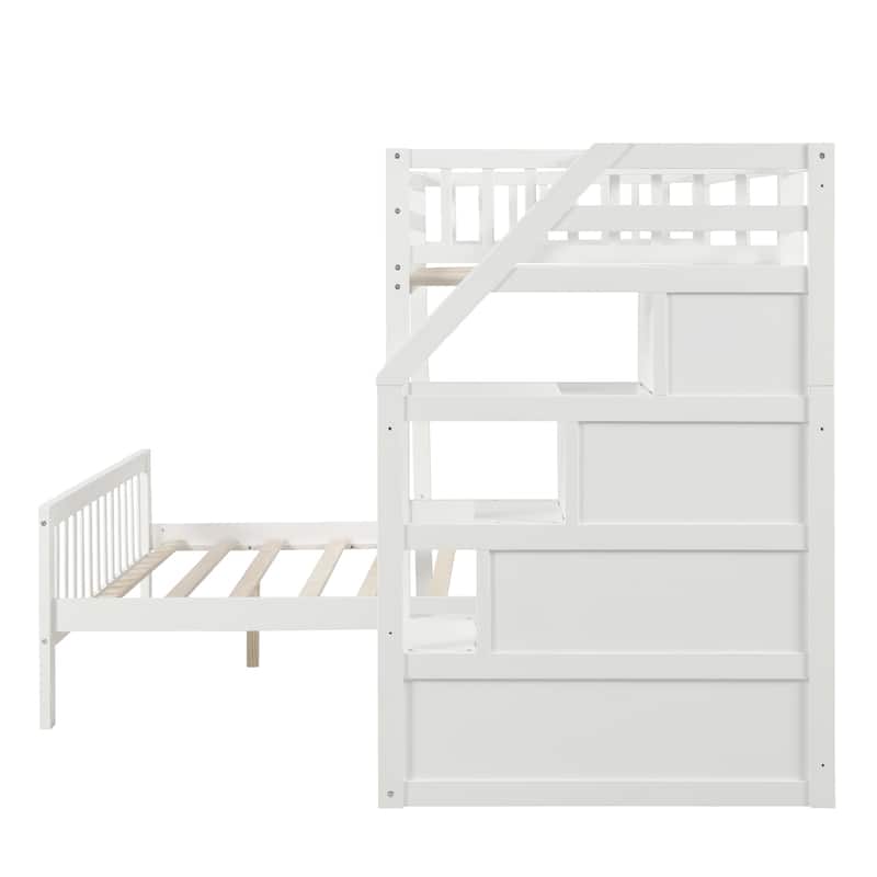 White Twin Over Full Loft Bed with Storage Staircase, Ideal for Kids' Rooms