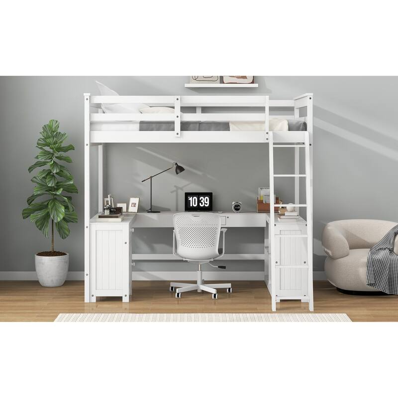 Full Size Loft Bed with U-shaped Desk, Drawers, and Storage Shelves in White