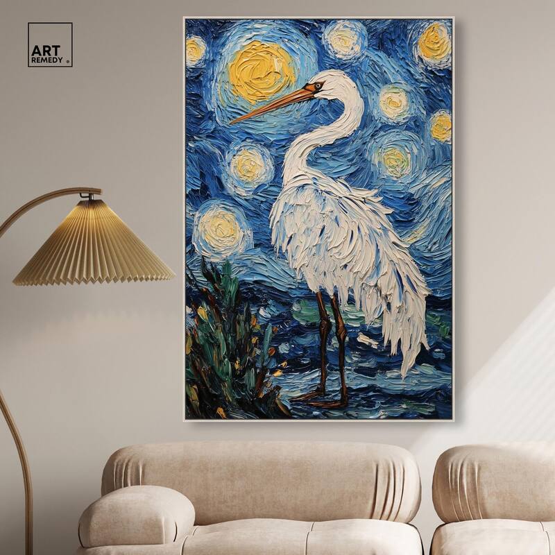 Crane in Starry Night Canvas by Art Remedy
