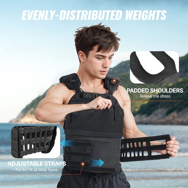 Black Nylon Adjustable Weighted Vest with Pocket, Up to 40 lbs Capacity - 40 lbs