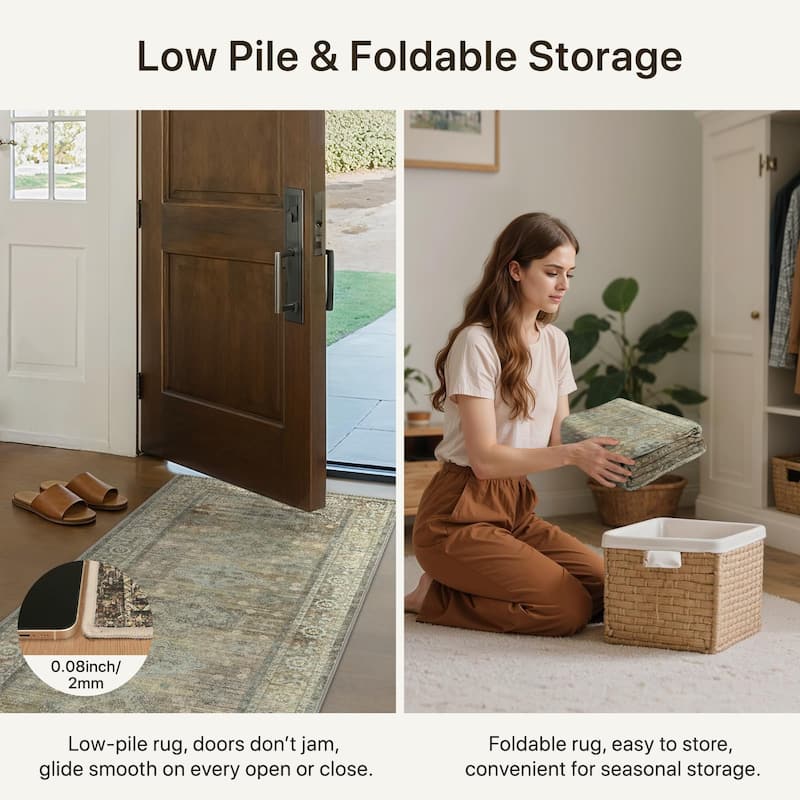 Mcow Sage Green Boho Pattern Ultra-Thin Low-Pile Washable Non-Slip Area Rug