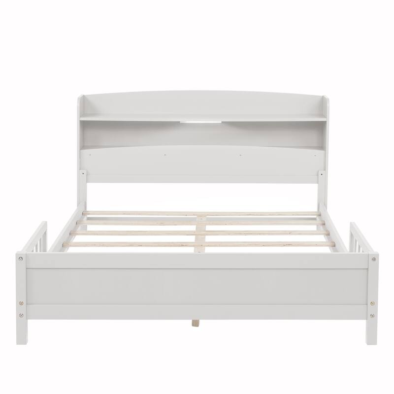 Full Size Platform Bed with LED Motion Sensor Light, Bookcase, And Adjustable Guardrails - White