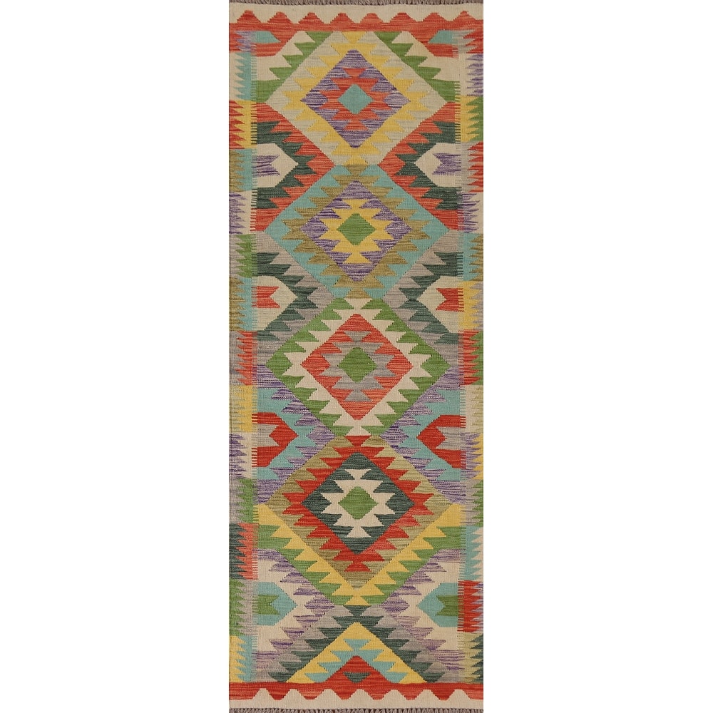 Hand Woven Oriental 100% Wool Carpet Southwestern Geometric Multi-Colored Kilim Runner Rug - 8' 2'' X 2' 8''