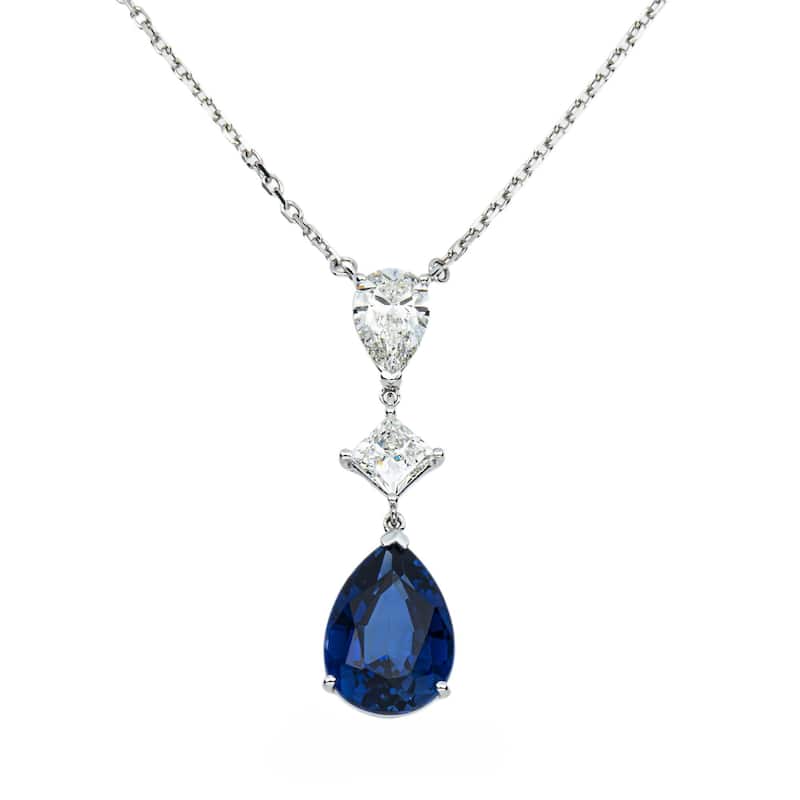 House Of Leon White Gold Pear Cut Sapphire & Diamond Drop Pendant Necklace