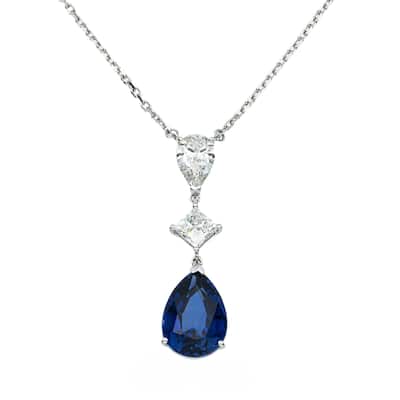 House Of Leon White Gold Pear Cut Sapphire & Diamond Drop Pendant Necklace