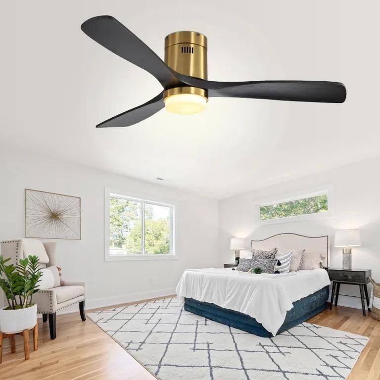 52" Flush Mount Ceiling Fan with Light, Noiseless Reversible Motor Ceiling Fan for Indoor Outdoor, 3 Solid Wood Fan Blades