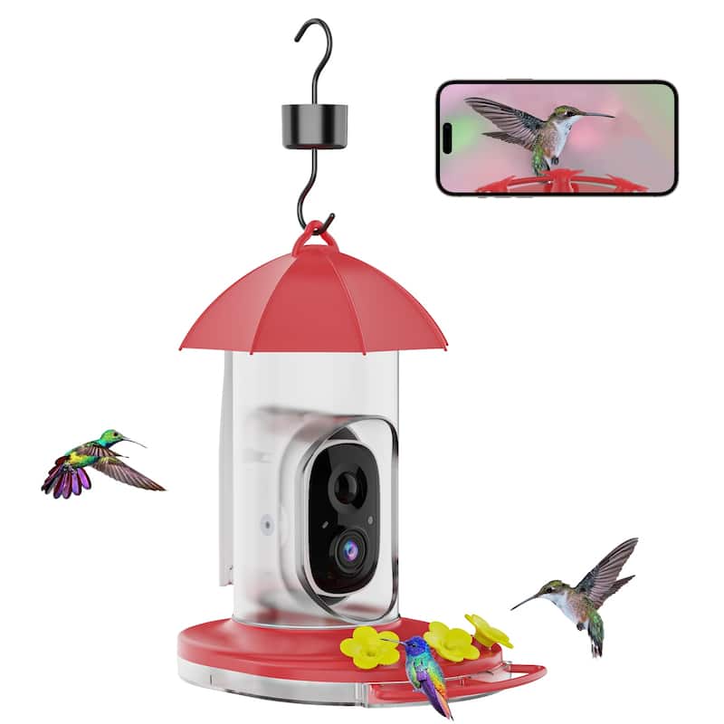 Plastic Hummingbird Feeder, 5200mAh Battery w Solar Panel and Camera IP65 Water Proof, Ant Moat and Bee-proof features