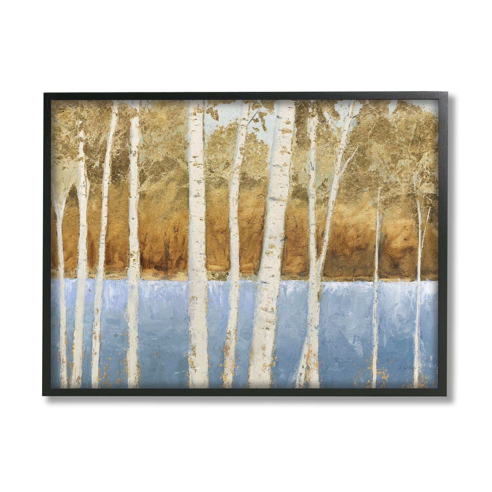 Stupell Birch Tree Lake Landscape Blue Gold Nature Painting Framed Wall Art