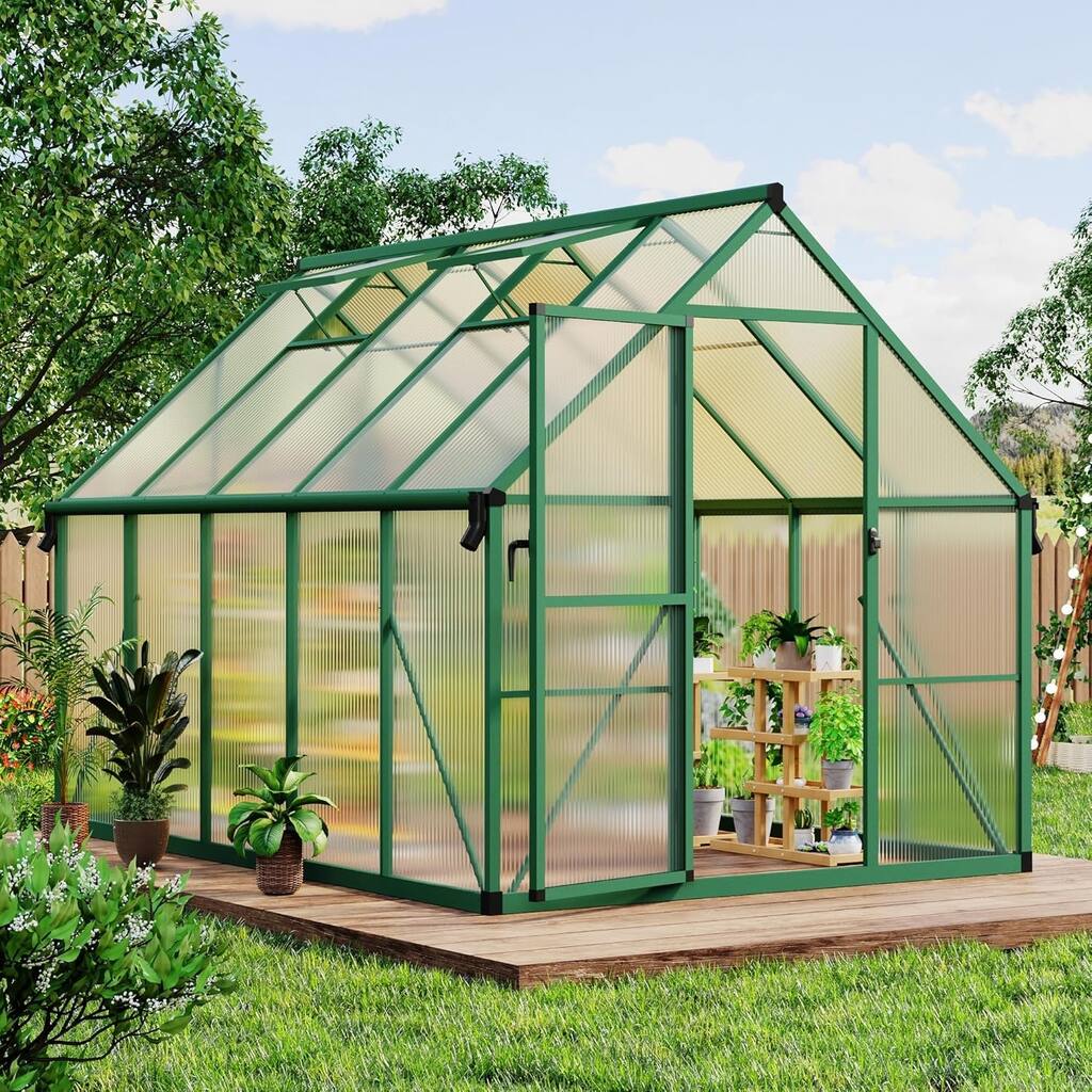 8x14 FT Outdoor Greenhouse, Polycarbonate Greenhouse with Roof Vent and Ground Nails, Green - 8*14FT