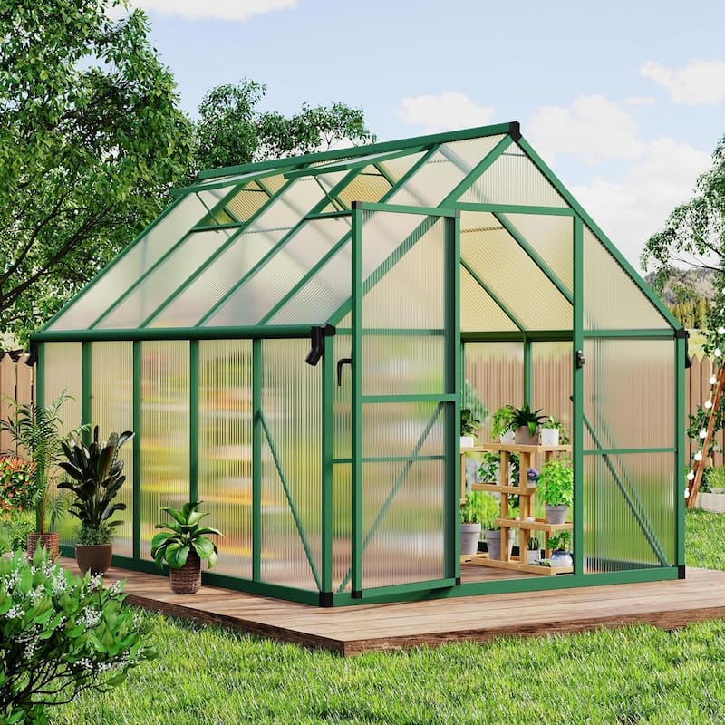 8x14 FT Outdoor Greenhouse, Polycarbonate Greenhouse with Roof Vent and Ground Nails, Green - 8*14FT - 8*14FT