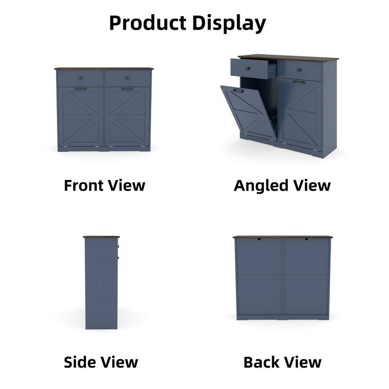 Farmhouse Double Tilt Out Trash Cabinet for Two 10 Gallon Bins, Barn Door Recycling Cabinet with Drawer Storage