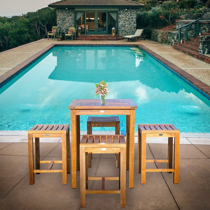 Chic Teak 5 Piece Teak Wood Seville Small Counter Height Patio Bistro Dining Set, 4 Counters Stools and 27" Square Table