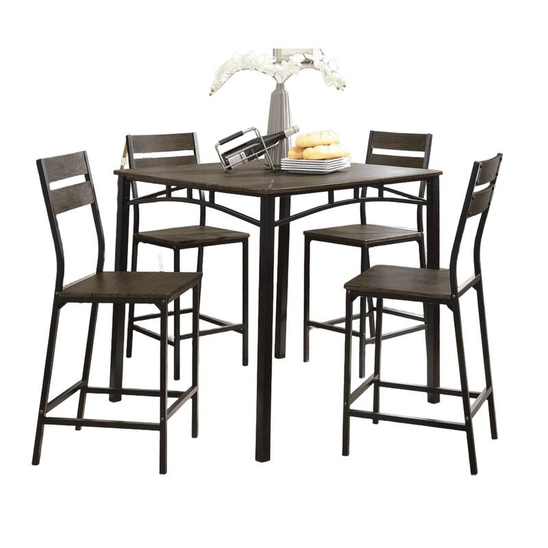 Dining Room Industrial Style Antique Brown 5pc Dining Set Counter Height Table 4x High Chairs Metal