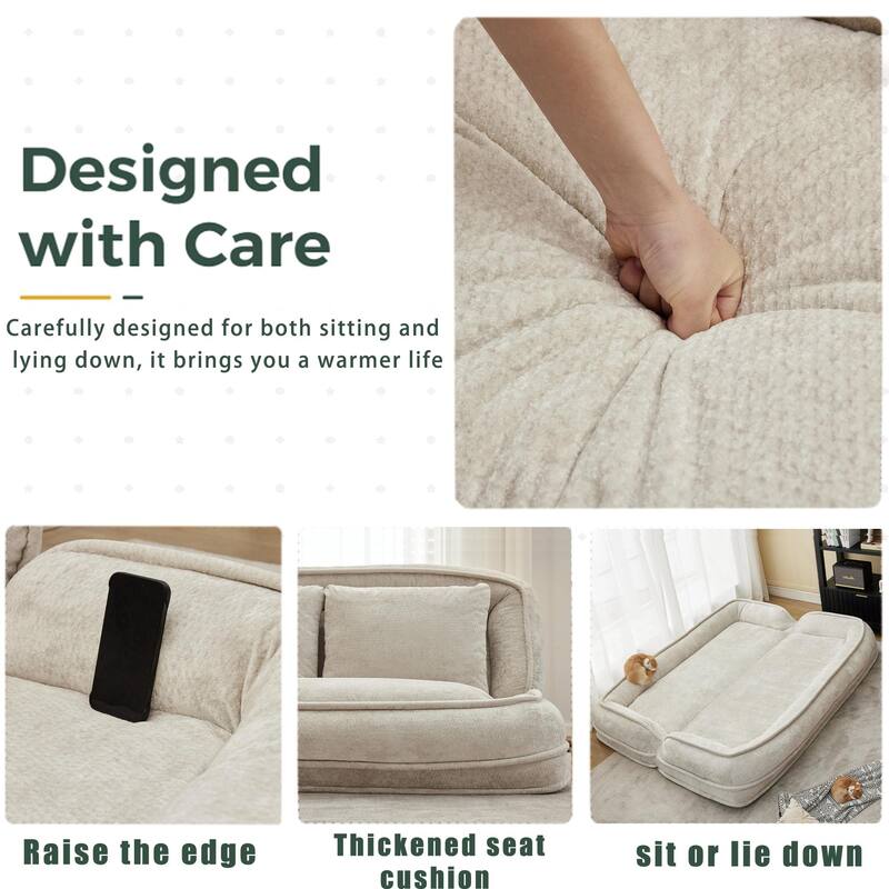 Pet Friendly Lazy Loveseat Sofa 2-in-1 Chenille Floor Couch Double Human Sleeper Bed with 5 Adjustable Position, Plump Pillows