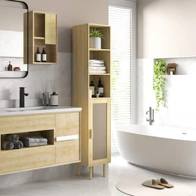Rattan Bathroom Cabinet with Adjustable Shelf and Open Shelves - 12.6" W x 11.8" D x 66.9" H