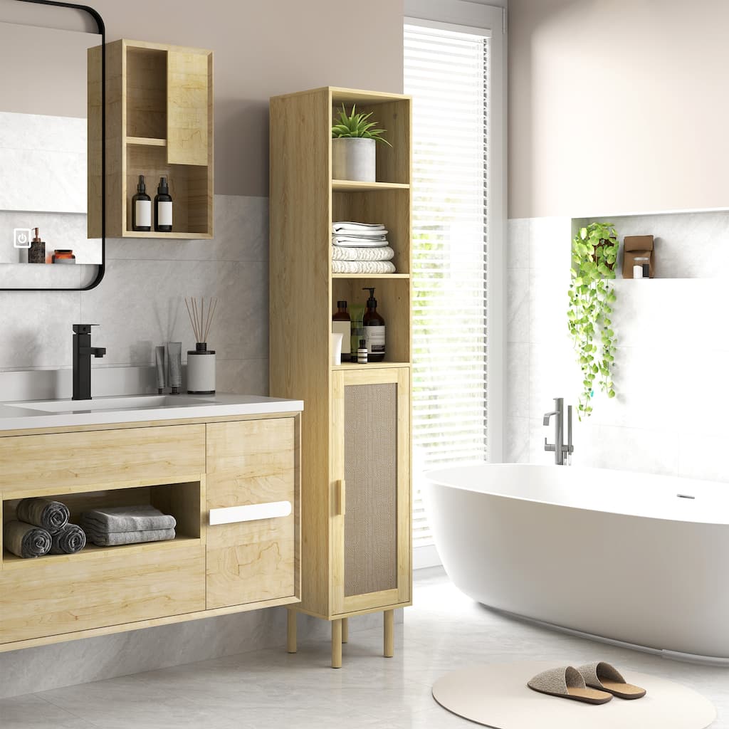 Rattan Bathroom Cabinet with Adjustable Shelf and Open Shelves - 12.6" W x 11.8" D x 66.9" H