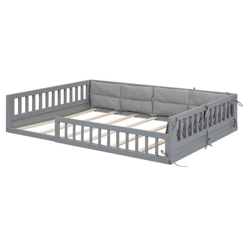 Wood Full Size Upholstered Platform Bed with Guardrail and Pillow