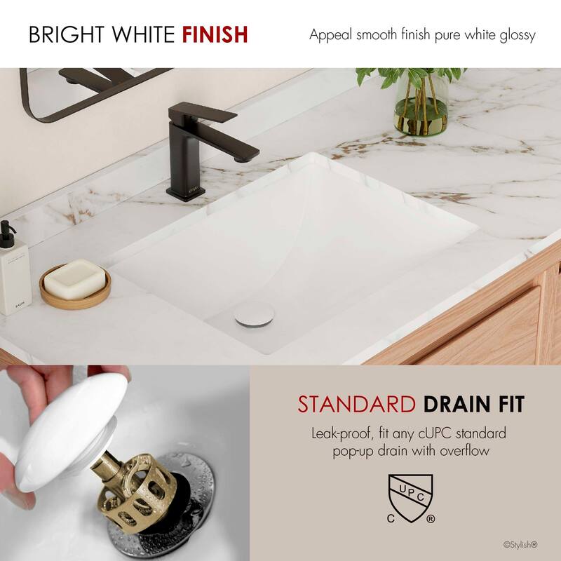 STYLISH Porcelain Rectangular 20 3/4-inches Undermount Ceramic Bathroom Sink with Overflow