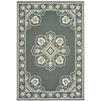 Mckinley Grey Ivory Oriental Medallion Outdoor Casual Area Rug