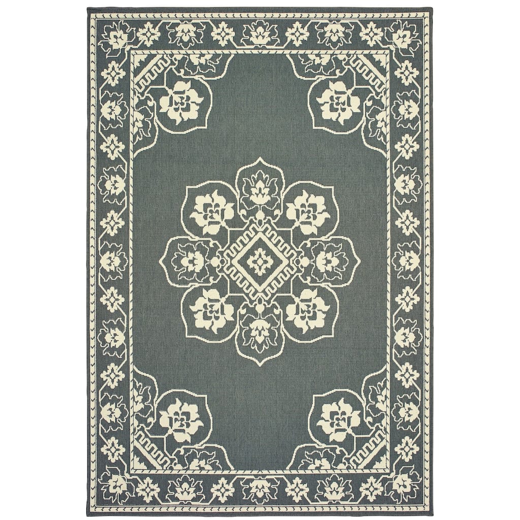 Mckinley Grey Ivory Oriental Medallion Outdoor Casual Area Rug