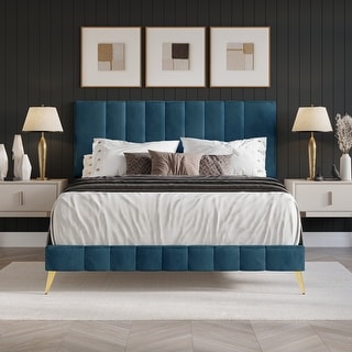 CraftPorch Modern Velvet Tufted Upholstered Gold Accent Platform Bed