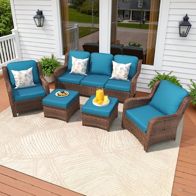 5-piece Patio Furniture High Back Conversation Set with Peacock Blue Cushions