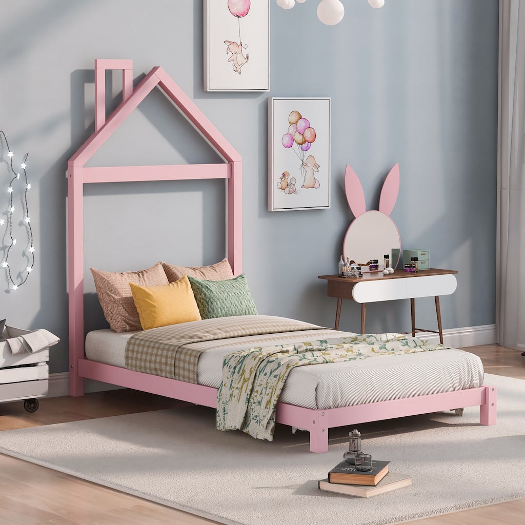 Twin Size Wood Platform Bed with House-shaped Headboard for Kids