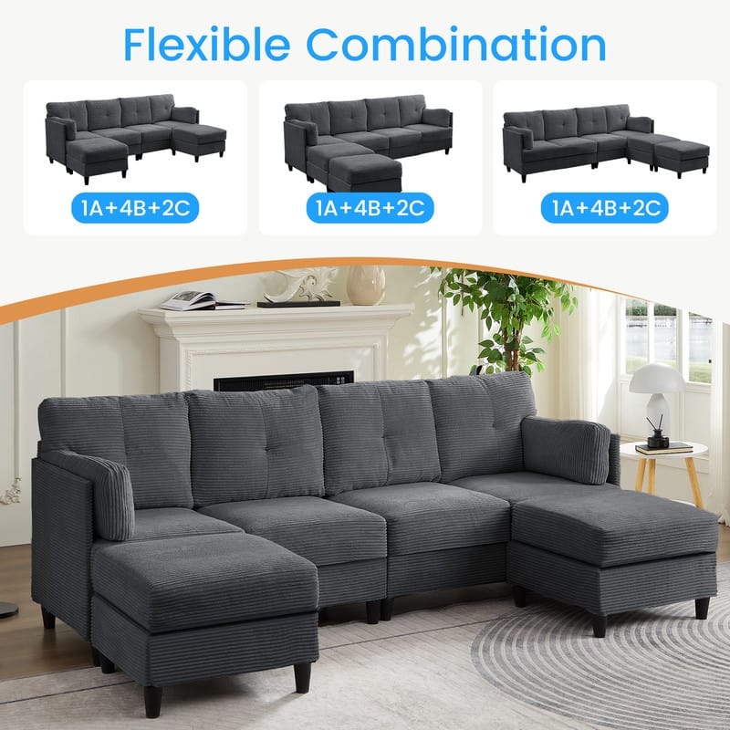 Mixoy W89inch U-Shaped Corduroy Sectional Sofa with Reversible Ottoman,Upholstered 4-Seater Sofa