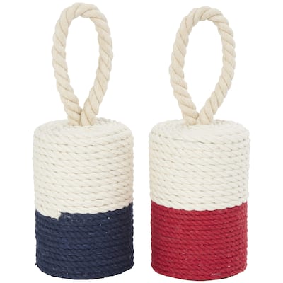 Cotton Fabric Buoy Coiled Colorblock Decorative Sculpture with Red and Blue Bases - Set of 2 Cream - Roche River Decor
