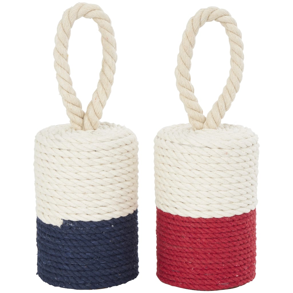 Cotton Fabric Buoy Coiled Colorblock Decorative Sculpture with Red and Blue Bases - Set of 2 Cream - Roche River Decor