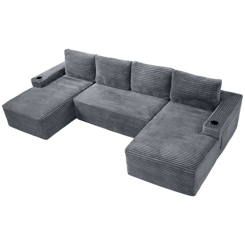 133.4" U-Shaped Corduroy Sectional Sofa with Cup Holders, No Assembly Required