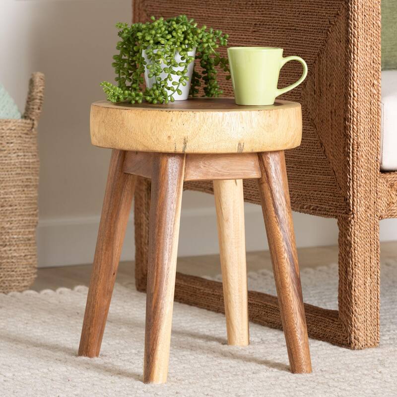 Jia Suar Wood End Table - Handcrafted Side Table with Round Top and Tapered Legs, Rustic Boho Accent Furniture