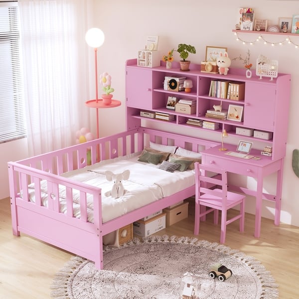 slide 2 of 12, Kids Twin Size Bed Frame with Storage Bookcase, Wood Multi-Functional Platform Bed w/ Built-in Desk and Matching Chair, Pink Pink - Twin