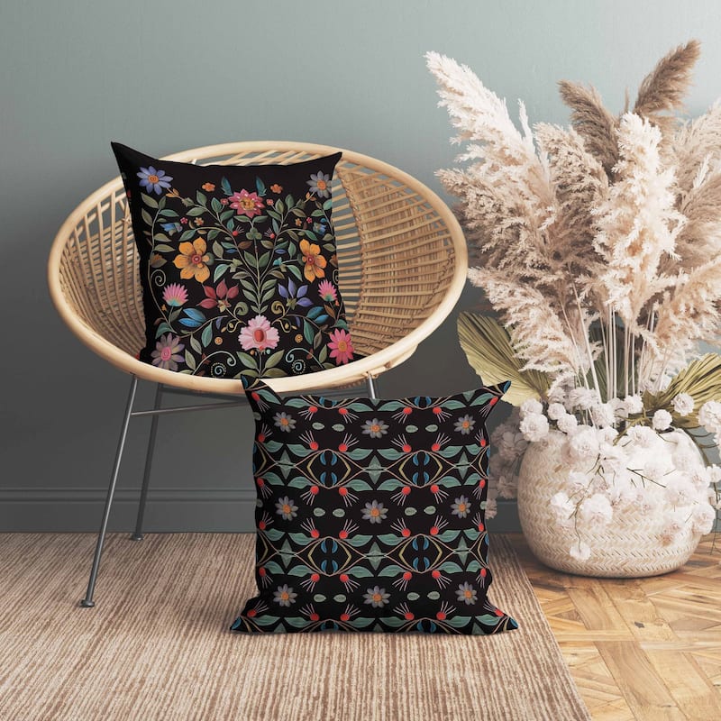 Symmetrical Flora Indoor/Outdoor Reversible Throw Pillow Black and Pink