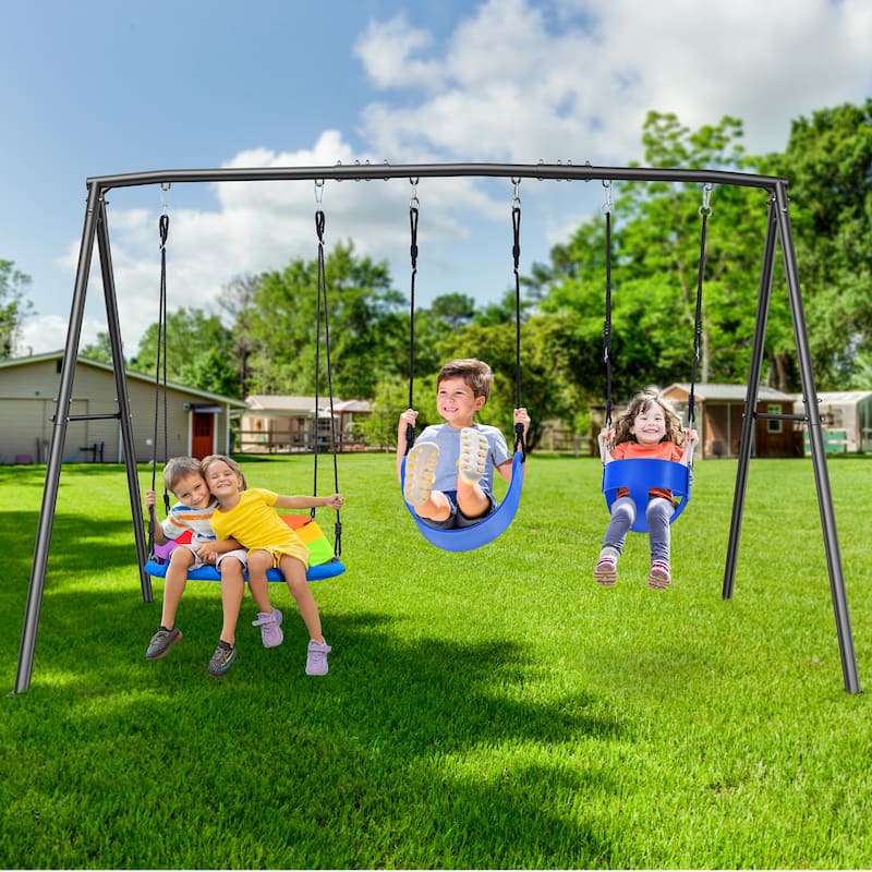 440lbs Kids Swing Sets for Backyard with 3 Swings, Outdoor Metal Swingset - N/A