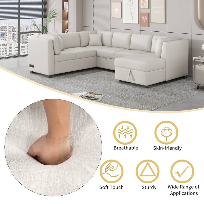 108.6" Chenille U-Shaped Sectional Sofa Bed with USB Ports, Storage Chaise, and 3 Back Pillows
