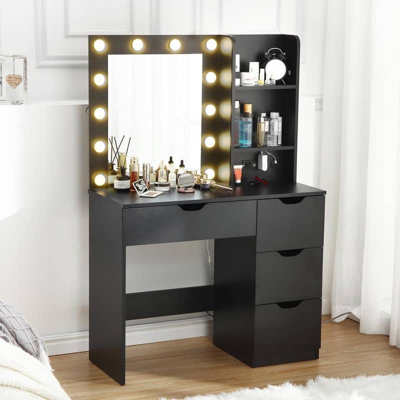 Modern Makeup Vanity with Mirror and Lights, 4 Drawers, 2 Shelves