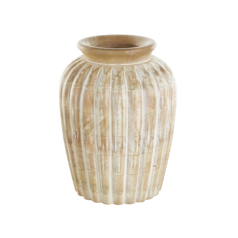 Mango Wood Distressed Decorative Vase with Carved Ridges - Light Brown - Roche River Decor