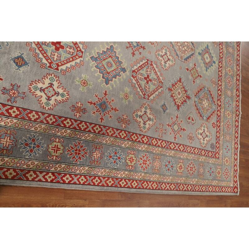 Geometric Kazak Oriental Area Rug Handmade Grey Wool Carpet - 8'2" x 10'0"