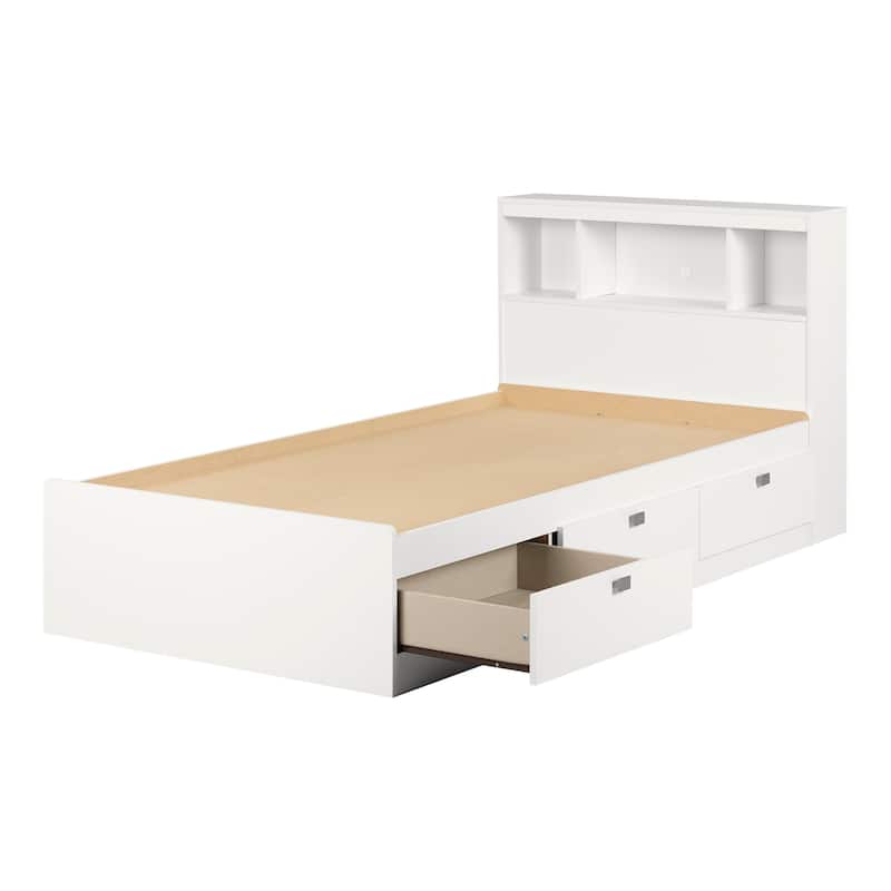 Twin Bed with Bookcase Headboard and Storage Drawers, Pure White Finish, Space-Saving and Functional Design
